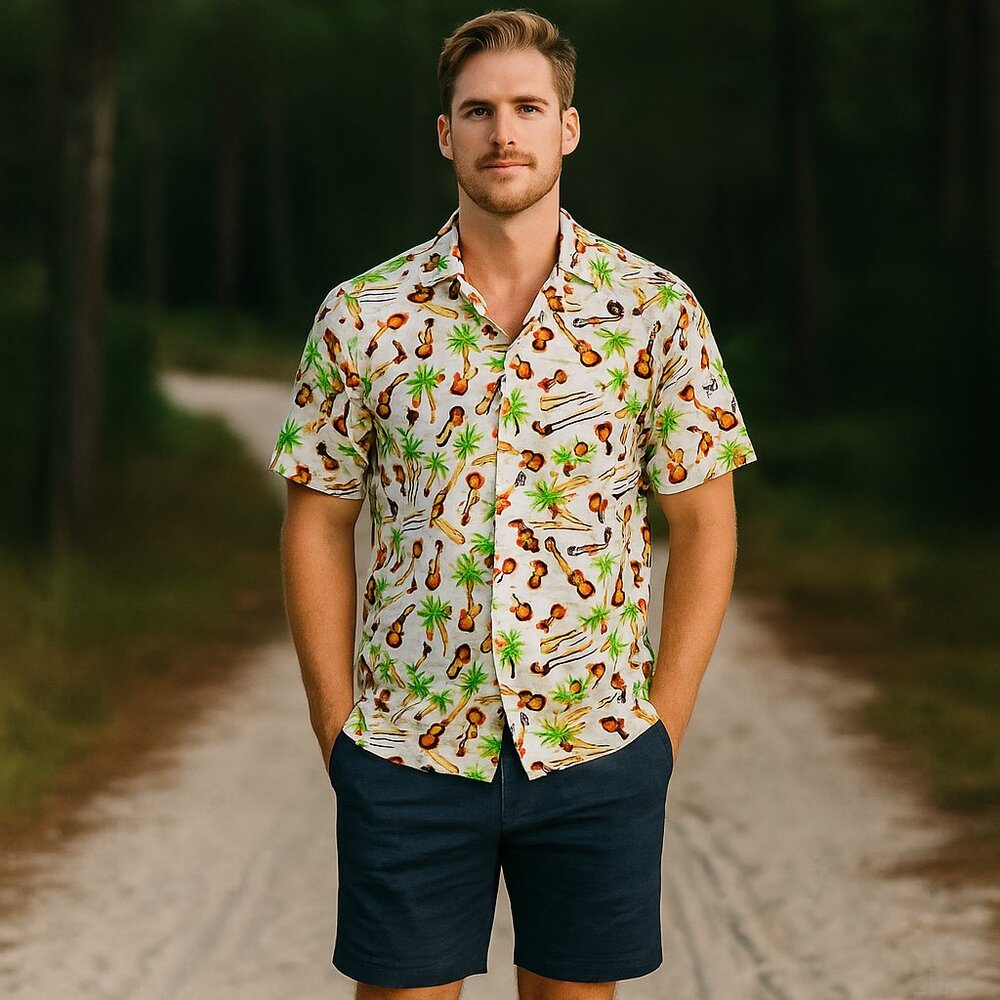 Guitars All- Musical Men XL Short‎ Sleeve Casual Band Beach Art 2 Wear Shirt Y2K